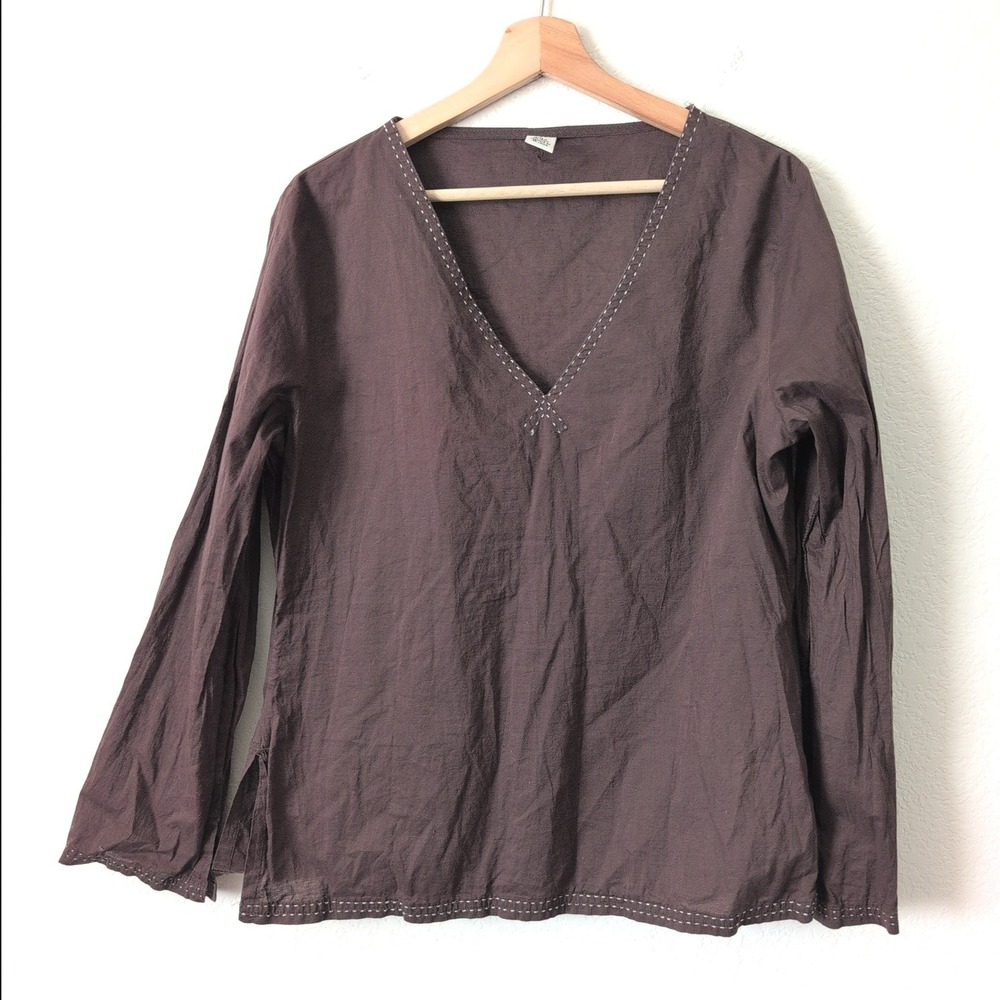 Vitnage Prana Y2K Brown Cotton V-Neck Tunic Top Long Sleeve Pick Stitch Womens L